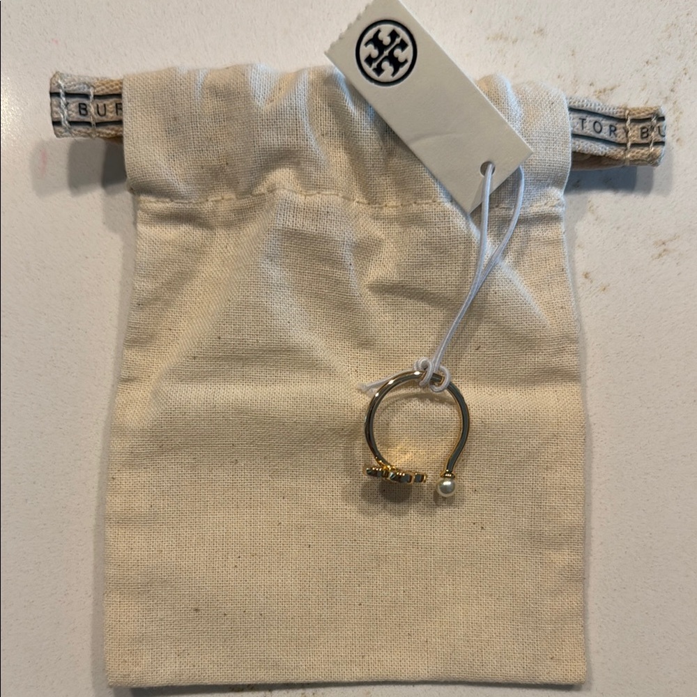 Tory Burch Clover Pave Gold Ring with Pearl Detail NWT